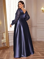 abordables VERT-Robe A-Line Grande Taille Élégante Robe Courbe De Mariage Formelle Longue Au Sol Manches Longues Col en V En Polyester Avec Plis 2025