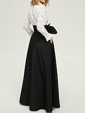 baratos Comprimento do chão-vestido formal preto e branco, linha A, vestido-camisa para mãe da noiva, elegante, simples e minimalista, gola estilo camisa, comprimento até o chão, renda elástica, tafetá, manga comprida com