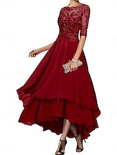 abordables Longueur du thé-Ligne A Robe de Mère de Mariée  Élégant Simple Col Bateau Asymétrique Polyester Demi Manches avec Couleur Unie 2025