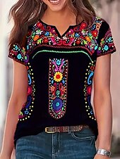 abordables T-shirt floral-Femmes T-shirt Fleuri Graphique ancien Élégant Classique Manche Courte Encolure en V Hauts Réguliers Quotidien Week-end Imprimé Noir bleu marine Vert Été Printemps