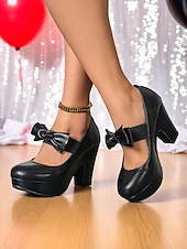 abordables Années 1950-Escarpins Mary Jane bordeaux à plateforme et nœuds pour femme – Chaussures rétro à talons hauts épais des années 1950 pour fêtes, cosplay et tenues d&#039;inspiration vintage