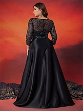 billiga SVART-A-Linjeklänningar Plus Size Elegant Kurva Klänning Formell Bröllop Golvlängd Långa Ärmar Runda Hals Siden med Pärlor