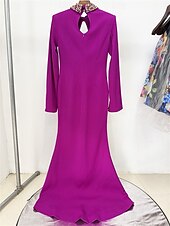 cheap YELLOW-Mermaid / Trumpet Party Dresses Elegant Dress Formal Wedding Floor Length Long Sleeve Crew Neck Satin with Embroidery