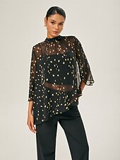 economico Bluse e camicie-Per donna Femminile Camicia casual A Pois Casuale Manica del polsino svasato Nero annodata Elegante Bohemien Vacanza Collo Alto Estate Primavera Autunno