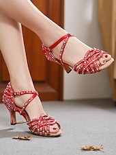 abordables Chaussures de danses latines-Chaussures de danse latine à talons strass pour femmes avec design à lanières, chaussures de salon à bout ouvert en satin pour performances professionnelles et soirées à thème Gatsby