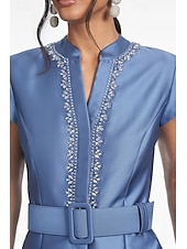 economico BLU-Abito da sera A-Line elegante abito formale per matrimonio lunghezza al pavimento maniche corte colletto camicia in satin con pieghe e cristalli tasche laterali