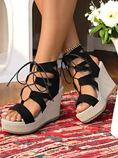 cheap Vacation Sandals-Women&#039;s Black Lace-Up Wedge Sandals with Espadrille Platform – Summer Casual Peep Toe Shoes for Beach Vacations, Outdoor Parties, and Daily Wear