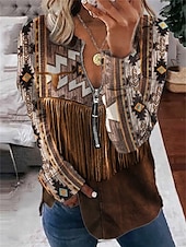 levne Boho topy-Dámské Halenka Geometrický Denní Geleneksel Dlouhý rukáv Tričkový Běžné topy Denní Jdeme ven Tisk Čtvrtletní zip Hnědá Jaro Podzim