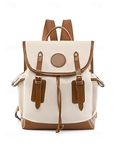 cheap College Backpacks-Women&#039;s Vintage Faux Leather Trim Backpack - Waterproof Canvas Preppy School Bag with Drawstring Closure for Teenage Girls, Students and Daily Use