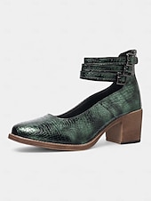 baratos Block Heels-Sapatos femininos verdes de couro sintético com estampa de crocodilo e tira no tornozelo, salto grosso - sapatos Mary Jane retrô confortáveis para caminhar, para o escritório, roupas do dia a dia e