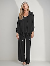 cheap Mom&#039;s Pant Suits-3 Piece Mother of the Bride Pantsuits Elegant Simple Luxurious Square Neck Floor Length Chiffon 3/4 Length Gathered Sleeve with Crystals Cascading Ruffles 2025