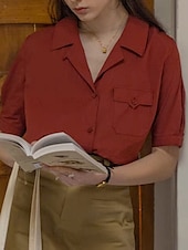 preiswerte Damen Einfache Oberteile-Damen Hemd Bluse Einfach Modern Lässig Kurzarm Hemdkragen Normale Oberteile Ferien Ausgehen Tasche Knöpfe Wein Sommer