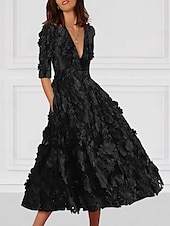 economico Abiti da cocktail-Abito da Cocktail A-Line Floral Elegante Abito Formale Matrimonio Lungo fino alla Caviglia Mezza Manica V Neck Abito Rosa Stretch Crepe con Ricamo e Tasca