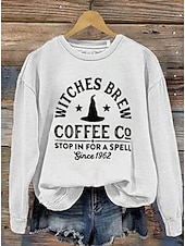 abordables Hauts d&amp;#39;Halloween-Femmes Sweatshirt Pull Graphique Crâne Sorcière Mode Occasionnel manche longue Col ras du cou Col rond Hauts Réguliers Rue Tenue Quotidienne Occasionnel Imprimé Vert herbe Noir Blanche Bleu Orange
