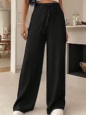 abordables jambe large et taille haute-Femmes Jambe large Slacks Streetwear Occasionnel Longueur complète Naturel Uni Avec Poches Conception à cordon élastique Confortable Rue Tenue quotidienne Week-end Noir Rose Vert Véronèse Bleu Automne