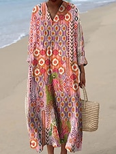 billiga Konst &amp; Design Klänning-Dam Midi Klänning V-hals Lång ärm Kaftan Lätt Loose Fit A-linje Klänning Avslappnad Utgång Loose Fit Grafisk Geometrisk Lång ärm V-hals Mörkröd Gul Blå Grön Höst