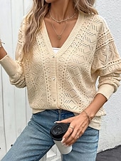 preiswerte Damen Einfache Oberteile-Damen Pullover Strickjacke Mode Streetwear Täglich Einfarbig Gerippt V Ausschnitt Gestrickt Loch Langarm Normale Oberteile Stricken Ferien Ausgehen Wochenende Aprikose Frühling Herbst