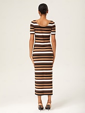 olcso Virágos ruhák-Nő Kötött ruha Barna Rövid ujjú Csíkos Nyár Ősz Elegáns Bodycon S M L