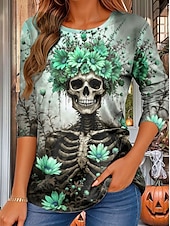 billige Kunst &amp; Design t-skjorte-Halloween Dame T skjorte Blomstret Grafisk Hodeskaller Årgang Mote Stilfull Langermet Crew-hals Vanlige topper Daglig Trykt mønster Rosa Lilla Oransje Grønn Sommer Vår Høst
