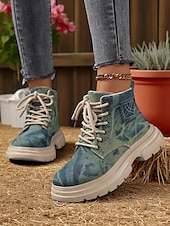 cheap Combat Boots-Women&#039;s Tie-Dye Canvas Work Boots with Chunky Sole – Casual Lace-Up Outdoor Boots for Harvest Festival, Farm Work and Fall Outings