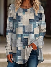 billige Stripe og geometrisk t-skjorte-Dame T skjorte Grafisk Geometrisk Årgang Stilfull Fritid Langermet Crew-hals Lange topper Daglig Trykt mønster Vin Blå Brun Vår Høst