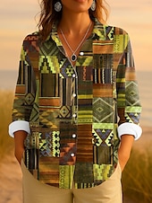 ieftine Topuri boho pentru femei-Pentru femei Cămașă Grafic Geometric Dungi Epocă Tropical Zilnic Manșon Lung Guler Cămașă Topuri obișnuite Muncă Zilnic Peteci Nasturi Imprimeu Roșu-aprins Albastru piscină Mov Portocaliu Var