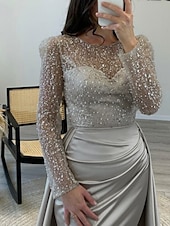 economico Champagne-Abito da sera sirena in paillettes abito in satin champagne arricciato maniche lunghe masquerade lunghezza fino al pavimento scollo illusion con perle gonna sovrapposta