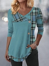 cheap Stripe&amp;Geometric tee-Women&#039;s Blouse Plaid Stylish Casual Long Sleeve V Neck Regular Tops Daily Buttons Print Pink Blue Purple Green Spring Fall