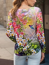 billige Blomster t-skjorte-Dame T skjorte Blomstret Grafisk Fugl Årgang Stilfull Klassisk Langermet Crew-hals Rund hals Vanlige topper Daglig Helg Trykt mønster Gul Rød Blå Lilla Grønn Sommer Vår Høst