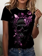 Halloween Women's T Shirt Skulls Graphic Skeleton Stylish Casual Short Sleeve Round Neck Regular Tops Daily Weekend Print Black Summer Spring4