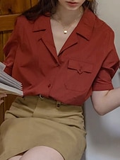 preiswerte Damen Einfache Oberteile-Damen Hemd Bluse Einfach Modern Lässig Kurzarm Hemdkragen Normale Oberteile Ferien Ausgehen Tasche Knöpfe Wein Sommer
