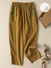 abordables Pantalón liso de lino y algodón-Mujer Pantalones de lino y algodón Chinos Moda Básico Longitud total Alta cintura Floral Bordado Comodidad Al Aire Libre Microelástico Vacaciones Calle Diario Blanco Amarillo Albaricoque Café Verano