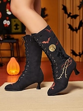 levne Pro ženy-Dámské gotické halloweenské vyšívané šněrovací boty - vintage styl černého kostýmu čarodějnice z roku 1900, podpatky do půli lýtek pro cosplay, večírky a tematické akce