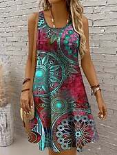 preiswerte Boho Kleider-Damen Minikleid Sommerkleid A Linie Kleid Urlaub Lässig Boho Party Ferien Date Normale Passform Grafik Geometrisch Boho Paisley Damast Ärmellos U-Ausschnitt Rundausschnitt Rote Blau Purpur Grün