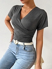 voordelige Sexy topjes voor dames-Dames Zomer tops Effen Stijlvol Modern Korte mouw V-hals Normale tops Dagelijks Feestdagen Met ruches blauw Grijs Zomer