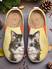 tanie Mokasyny i trzewiki damskie-Kolorowe, wsuwane buty damskie Cat by Kayomi Harai z nadrukiem kota – urocze, codzienne mokasyny dla miłośniczek kotów, idealne na co dzień, w podróż i na weekendowe wyjścia