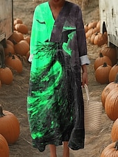 billiga Halloween klänning-Halloween Kvinnors Midi Klänning V-Utringad Lång Ärm Kaftan Lätt Lös Passform A-Linje Klänning Avslappnad Boho Gå Ut Grafisk Lång Ärm V-Utringad Blå Orange Grön Höst