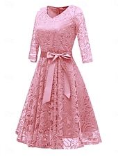 economico Abiti in chiffon-Per donna Abito Midi Abito in Pizzo Abito da Cocktail Abito da invitata a nozze Chiffon Elegante Moda Moderno All&#039;aperto Cocktail party Vestibilità regolare Semplice Manica 3/4 Scollo a V Rosa Vino