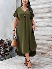abordables Robes-Femmes Grande taille Robe Décontractée Couleur Unie Col en V Manche Courte Été Printemps Élégant Mode Moderne Occasionnel Robe Maxi Quotidien Fête Robe