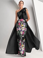 billige BLÅ-Blå Blomsterbrodert A-Linje Kveldsdrakt Elegant Kjole Formell Bryllup Gulvlengde Uten Ermer Én Skulder Sateng med Sløyfe(r) Slitt