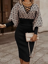 economico Abito a Strisce e Geometrico-Per donna Abito Midi Abito aderente Abiti semi formali Ufficio Vestibilità regolare Geometrico Manica Lunga Scollo a V Nero Bianco Rosso Oro Primavera Autunno Inverno