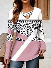 ieftine Tricou cu dungi și geometric-Pentru femei Tricou Grafic Animal Leopard Epocă Stilat Clasic Manșon Lung În V Topuri obișnuite Zilnic Eliminat Imprimeu Roz Îmbujorat Mov Albastru Deschis Primăvară Toamnă