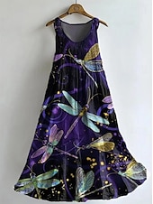 preiswerte Lässige Blumenkleider-Damen Maxikleid Sommerkleid A Linie Kleid Unterkleid Faltenkleid Urlaub Lässig Boho Party Ausgehen Strand Normale Passform Blumen Grafik Libelle Ärmellos U-Ausschnitt Dunkelviolett Violett Purpur