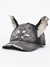 abordables Accesorios de Halloween-Gorra de béisbol vaquera desgastada para mujer con orejas de gato: sombrero vintage para disfraz de Halloween, estilo lindo y vanguardista para fiestas, cosplay y festivales.