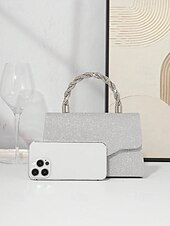abordables Bolsos de mano y de noche-Bolso de mano para mujer con purpurina plateada y asa de diamantes de imitación: elegante bolso de noche para fiestas, bodas y cócteles.