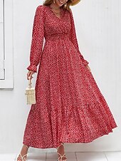 preiswerte Elegante Blumenkleider-Damen Langes Kleid Maxikleid Freizeitkleid Druckkleid Mode Modern Täglich Strand Wochenende Normale Passform Blume Langarm V Ausschnitt Schwarz Rote Blau Grün Sommer Frühling Herbst