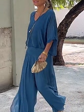 abordables Trajes de blusa para mujer-Mujer Activo Moda Blusa Conjuntos de pantalones Media Manga Escote en Pico Color sólido muslo partido Espalda al Aire Festivos Noche Negro Blanco Verde Claro Otoño Ajuste regular