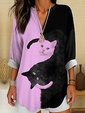 billige Dyr Topp-Kvinnes Bluse Tunika V-hals Lange Ermer Boho Casual Sommer Topper Grafisk Dyr Katt Vintage Tropisk Vanlige Topper Daglig Bruk Print Svart Og Hvit Gul Rosa Rød Blå