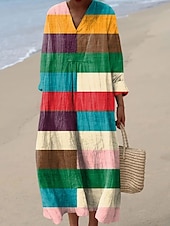 economico Abiti a Strisce e Geometrici-Per donna Abito Midi Vestito Estivo Abito a trapezio Vacanza Casual Boho Feste Spiaggia Vestibilità comoda Grafico Geometrico Plaid Manica Lunga Scollo a V Giallo Rosa Arancione Verde Estate