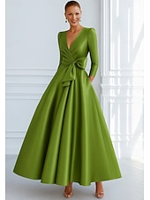 preiswerte Abendkleider-Bind A-Linien Abendkleid Elegantes Kleid Formelle Hochzeitsgast Boden Länge 3/4 Länge Ärmel V-Ausschnitt Tasche Stretch Satin mit Schleife(n)